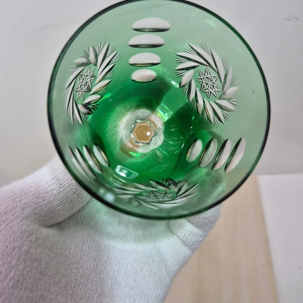 Vintage Emerald Green Cut to Clear Crystal Wine Goblet Faceted Stem 8.25